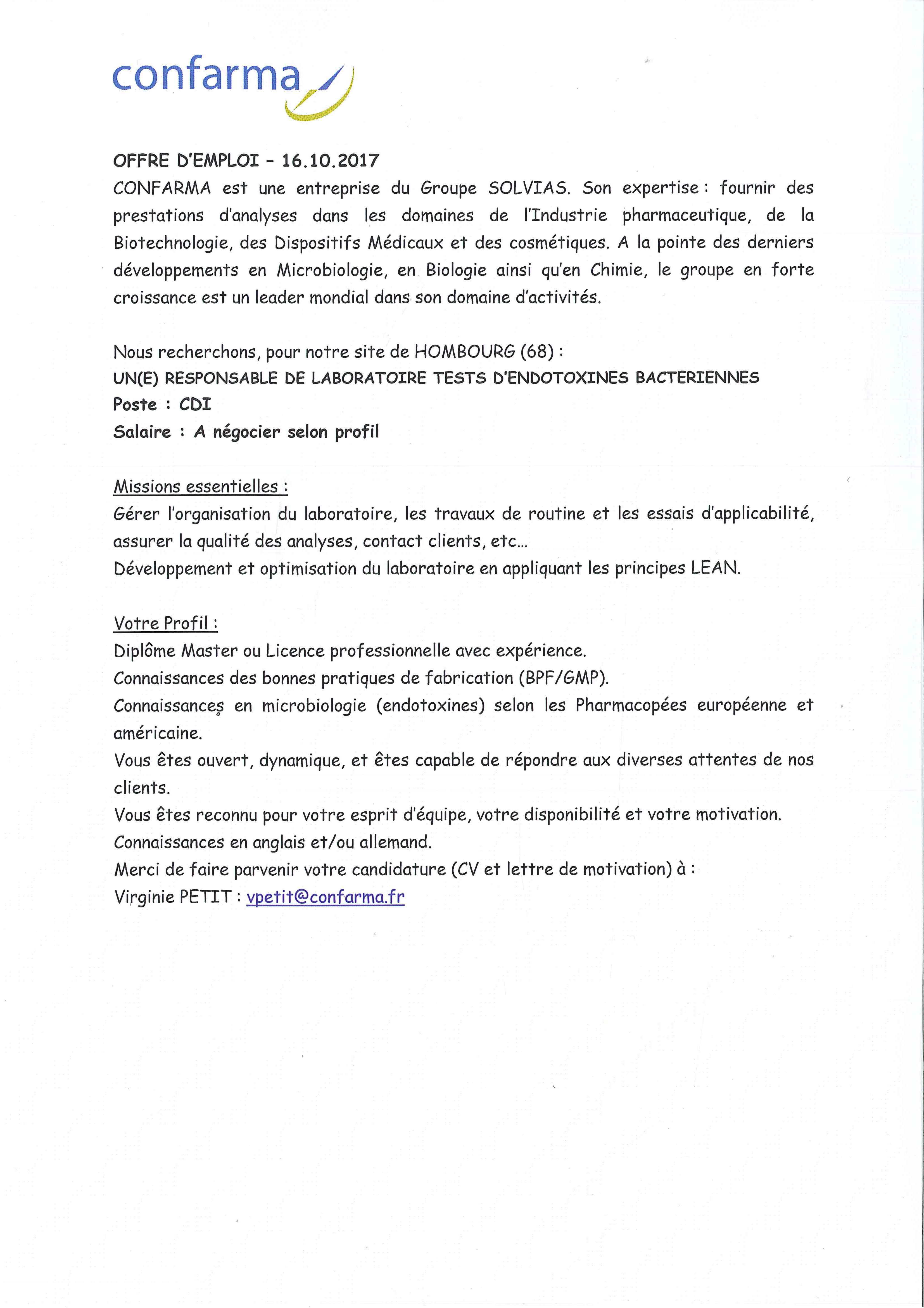 Offre d emploi responsable de fabrication en chimie